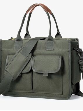 Men's Olive Green Canvas Laptop Tote with Dual Handles and Shoulder Strap